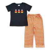 Candy corn black shirt plaid pants boy Halloween outfits