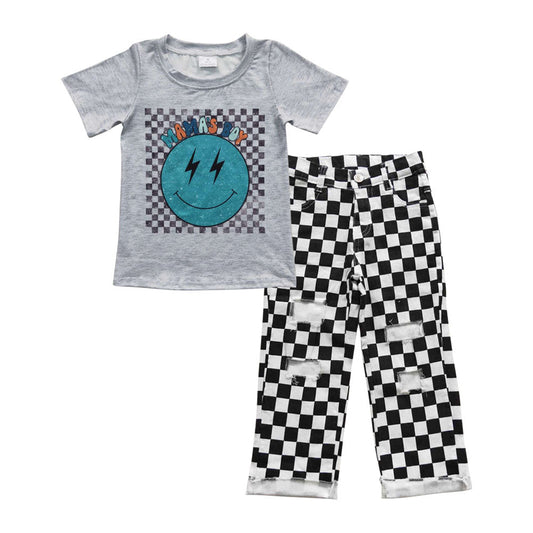 Mama's boy top checked jeans kids clothing set