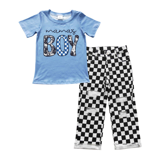 Mama's boy cow print top checked jeans kids clothing set