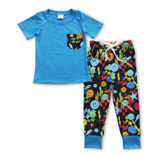Pockets short sleeves top smiles pants kids boy clothes