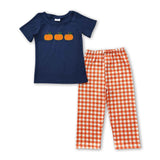 Navy pumpkin top plaid pants kids boy fall clothing