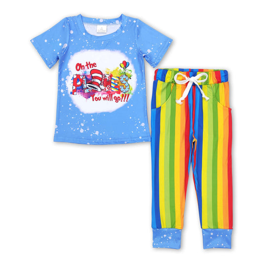 Cat bleached top colorful stripe pants boy outfits