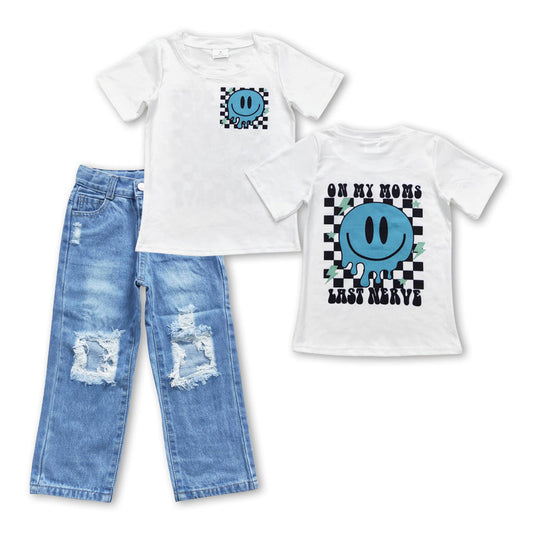 Blue smile plaid top washed jeans kids boy clothing