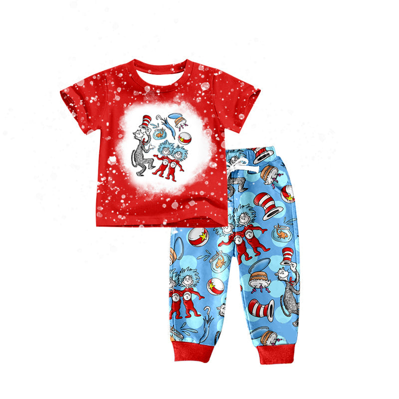 Bleached red shirt cat hat fish pants kids boy clothing set