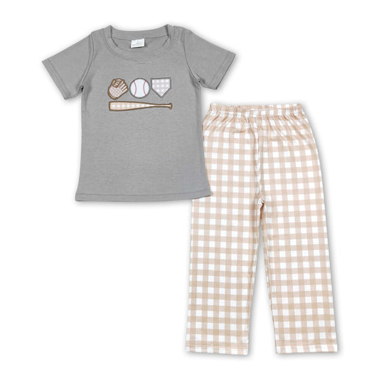 Grey baseball top plaid pants kids boy clothing set