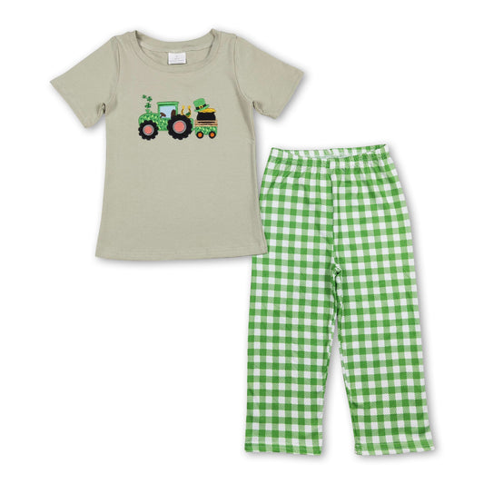 Tractor clover top green plaid pants boys st patrick's day set
