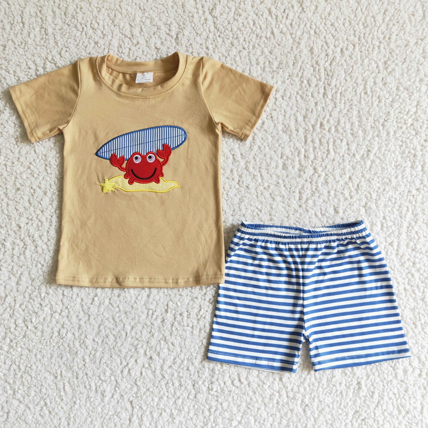 Crab embroidery cotton shirt stripe shorts boy summer clothing