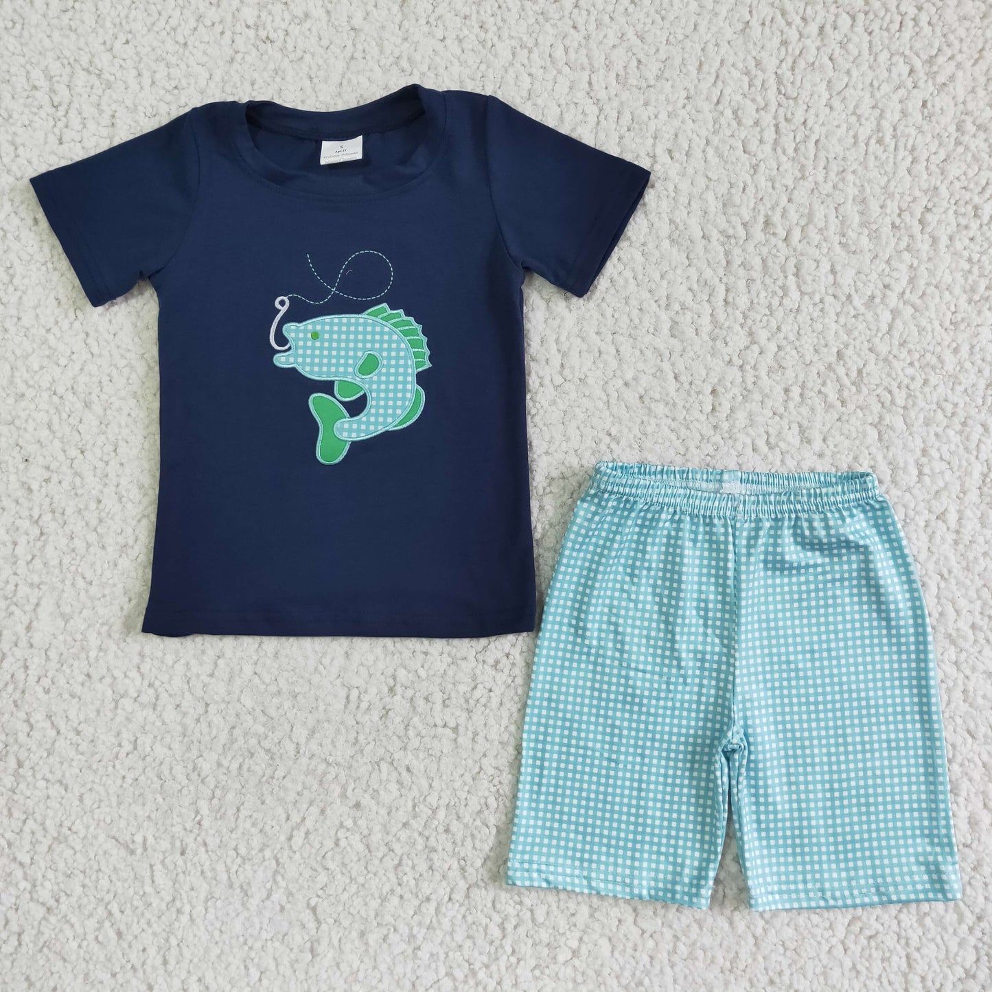 Fish embroidery boy summer clothing set