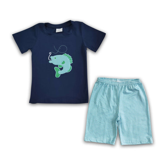 Fish embroidery boy summer clothing set