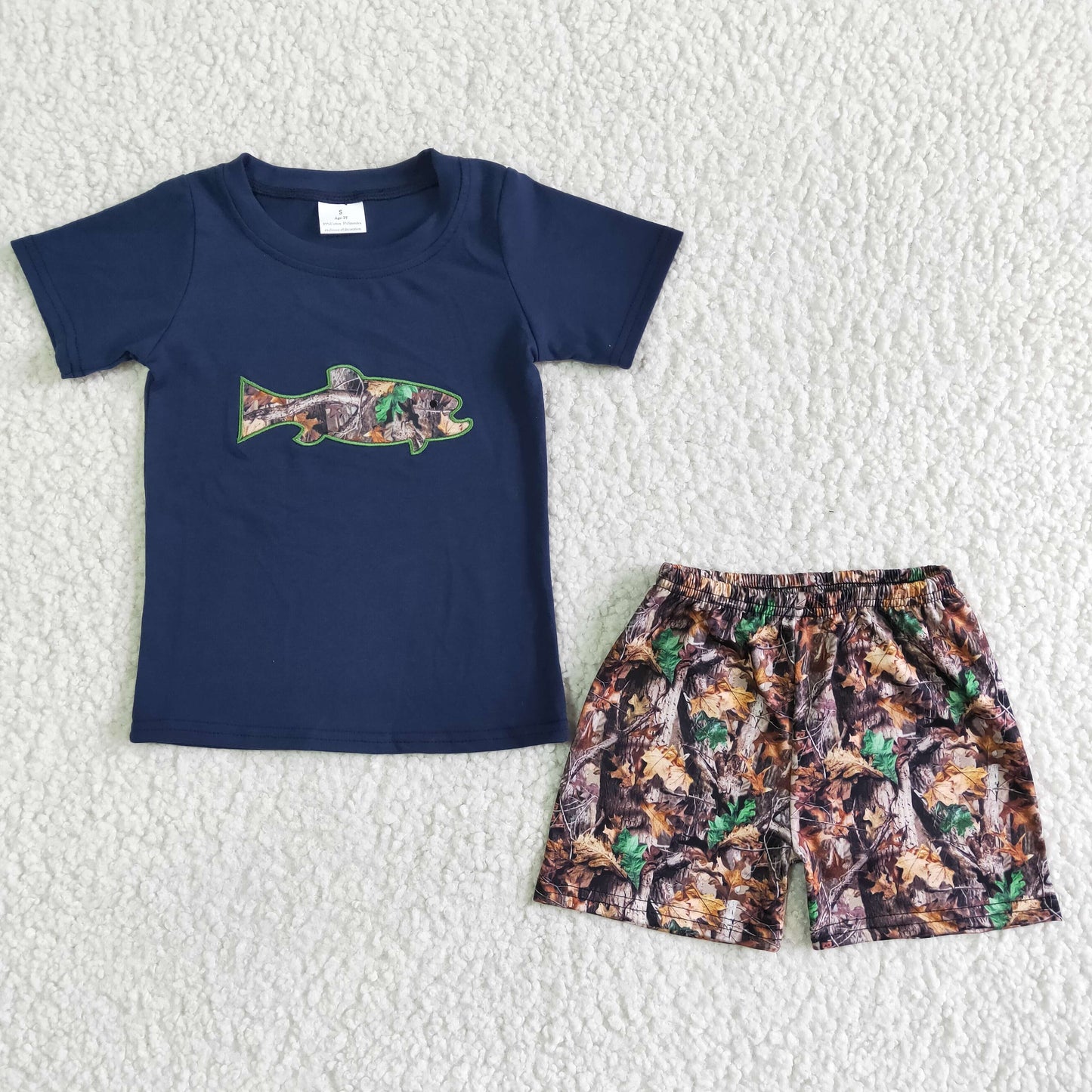 Fish embroidery cotton shirt camo shorts boy summer clothing