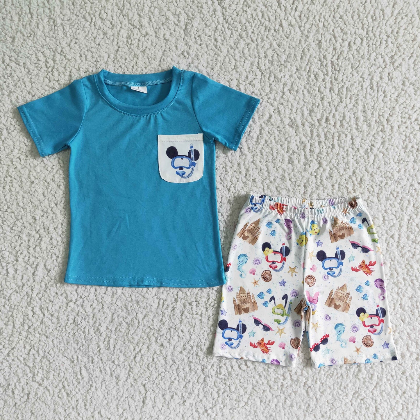 Blue shirt cute print children set cute boy clothes