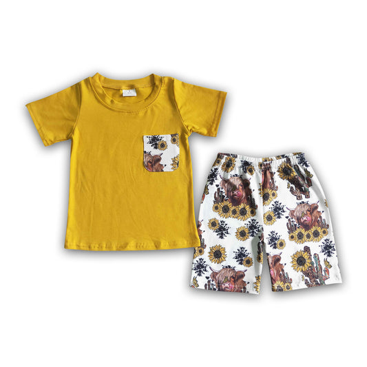 Mustard cotton shirt highland cow boy summer set