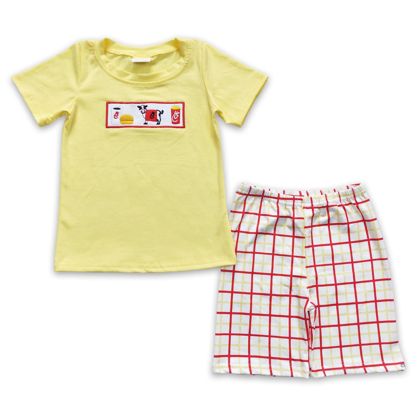 Hamburger cow embroidery short plaid shorts boy outfits