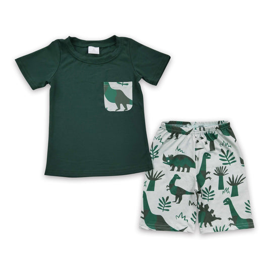 Green pocket shirt dinosaur shorts kids boy summer outfits