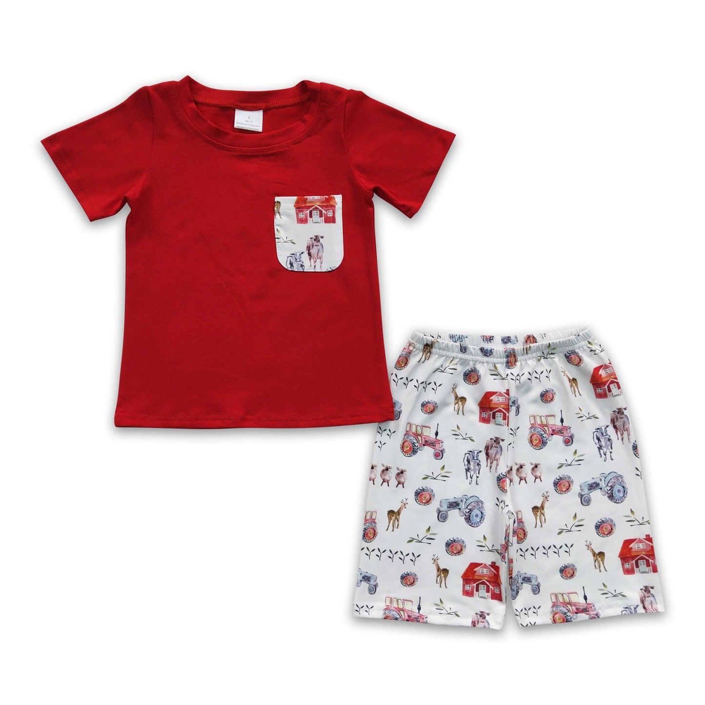 Red pocket shirt cow farm shorts kids boy summer outfits