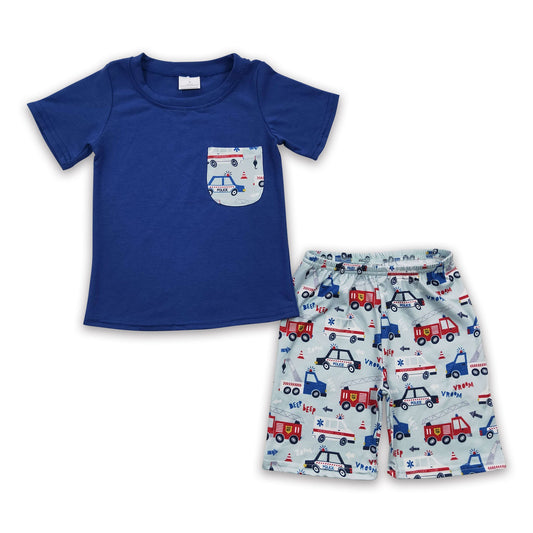 Blue pocket shirt cars shorts kids boy summer outfits