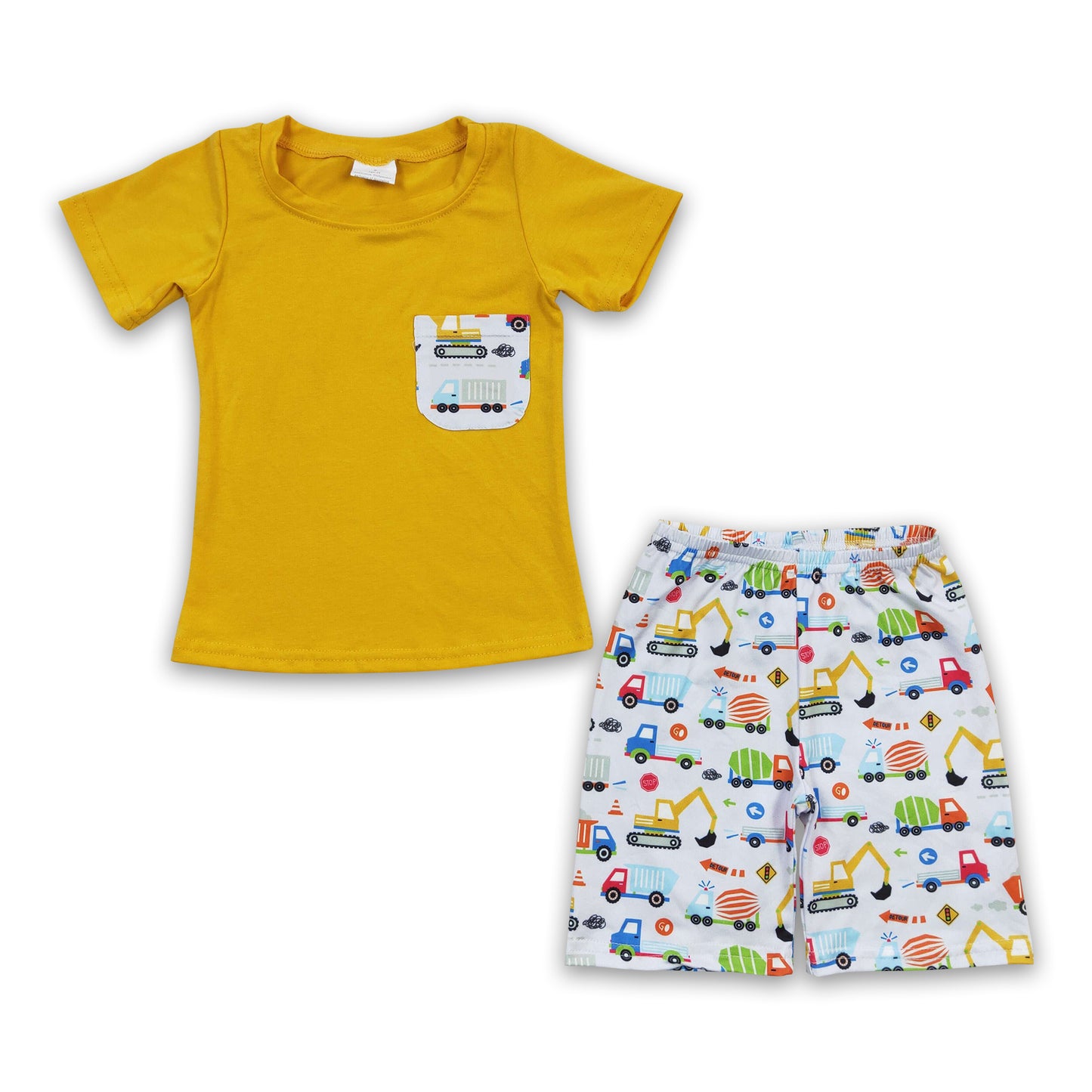 Yellow pocket shirt excavator shorts kids boy summer outfits