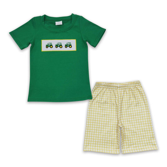 Tractor embroidery cotton shirt plaid shorts boy outfits