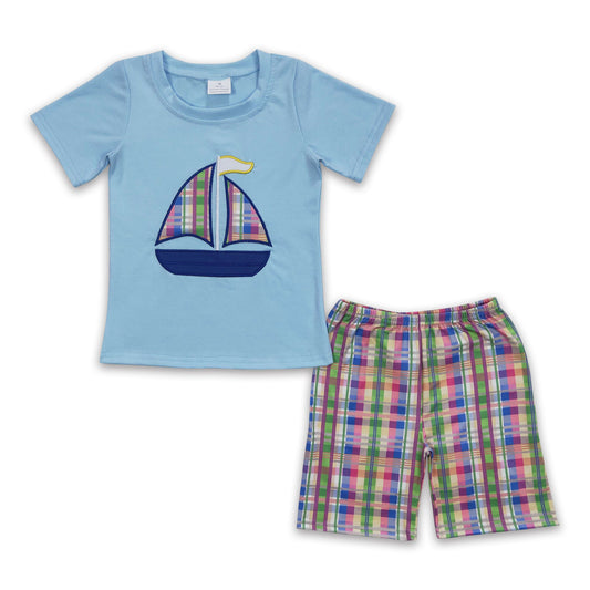 Boat embroidery cotton shirt plaid shorts boy outfits