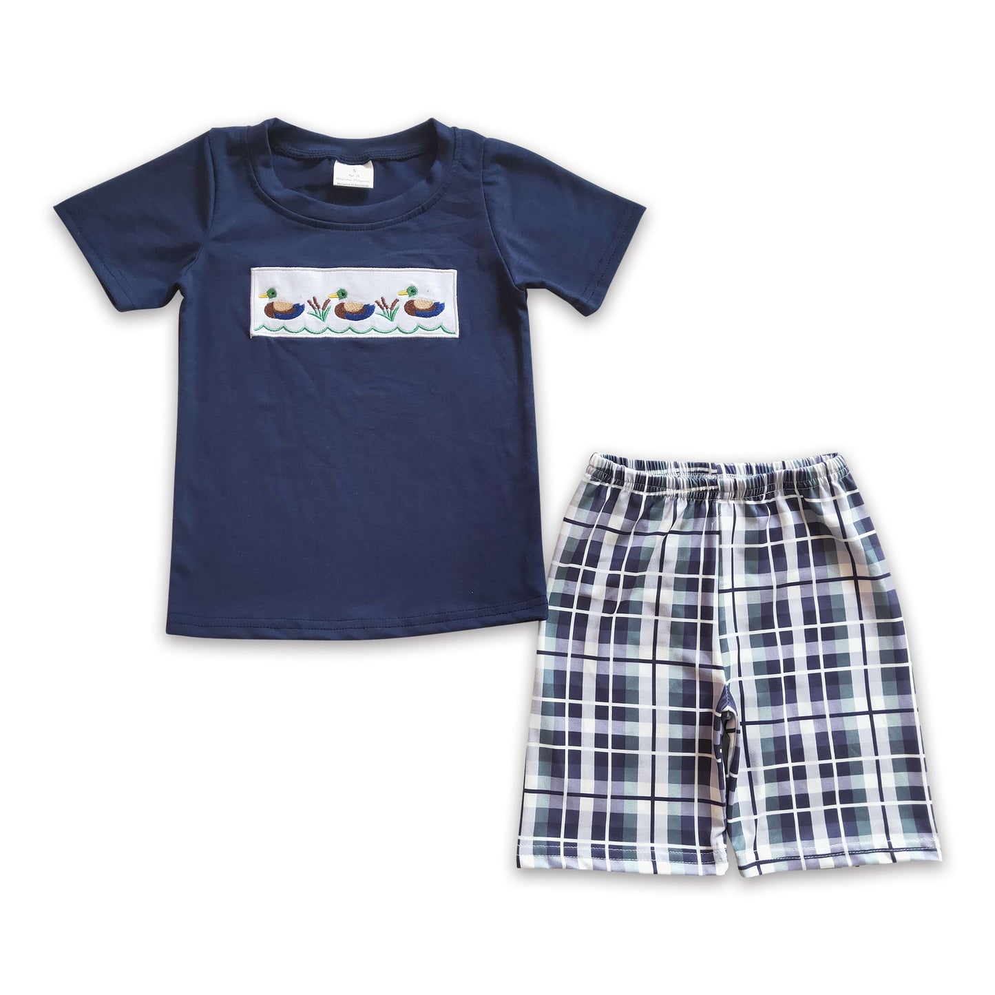 Duck embroidery cotton shirt plaid shorts kids boy outfits