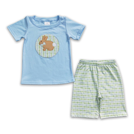 Rabbit embroidery cotton shirt plaid shorts boy easter outfits