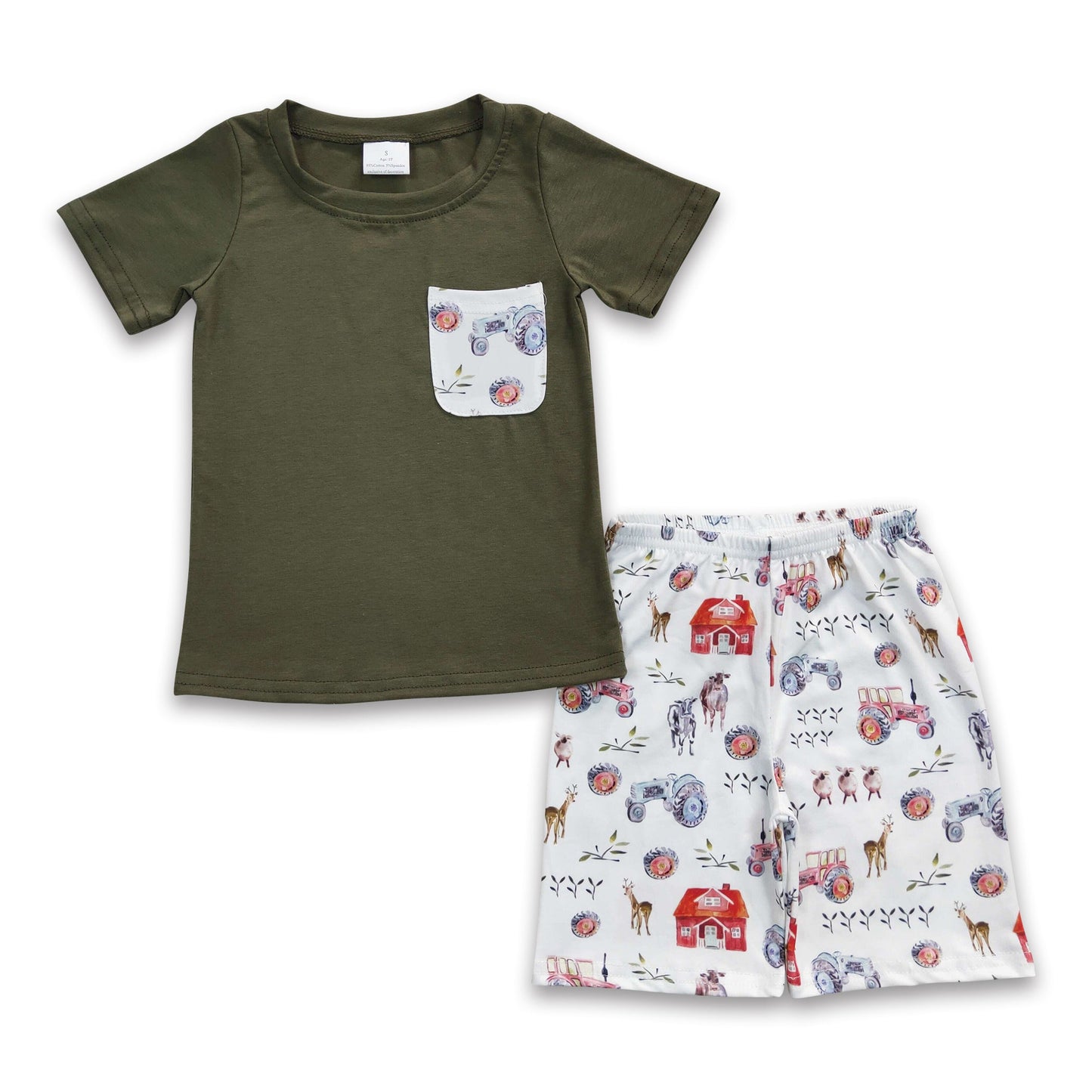 Olive pocket shirt farm print shorts kids boy clothes