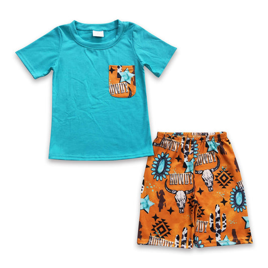 Howdy bull skull turquoise kids boy western outfits