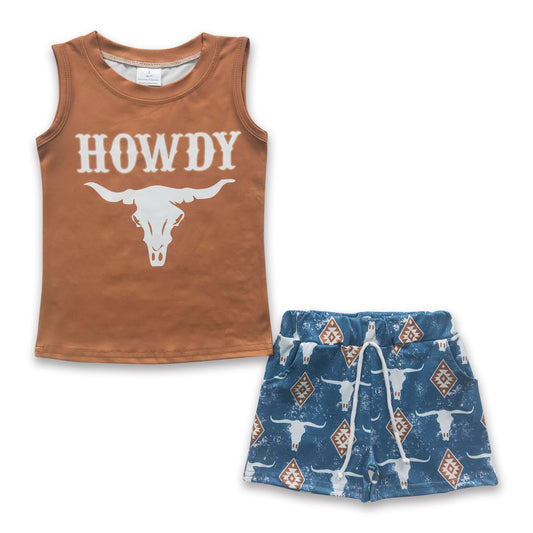 Howdy sleeveless shirt bull skull shorts boy outfits