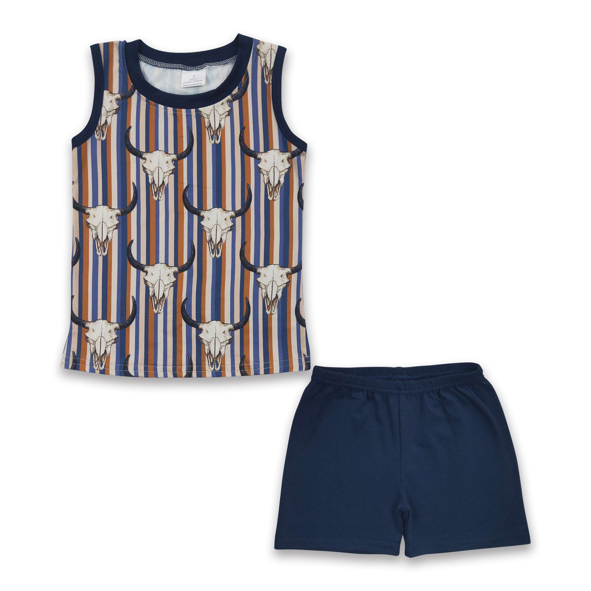 Sleeveless bull skull stripe shirt shorts kids boy clothing set