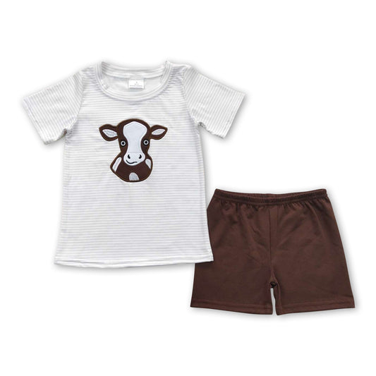 Cow embroidery shirt brown shorts boy summer clothes