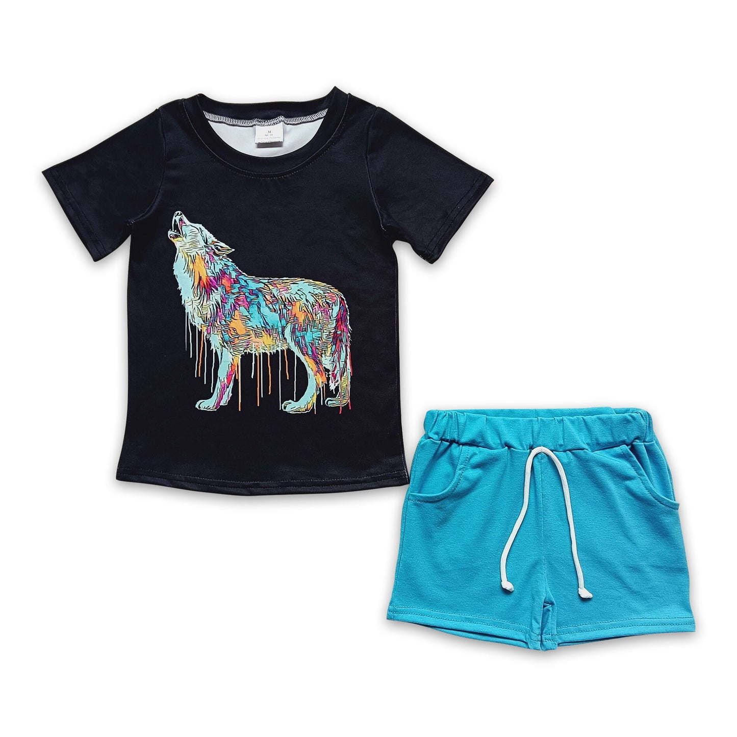 Sleeveless wolf shirt pocket shorts boy summer clothes