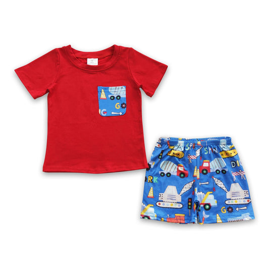 Red pocket top construction trucks shorts baby boy clothes