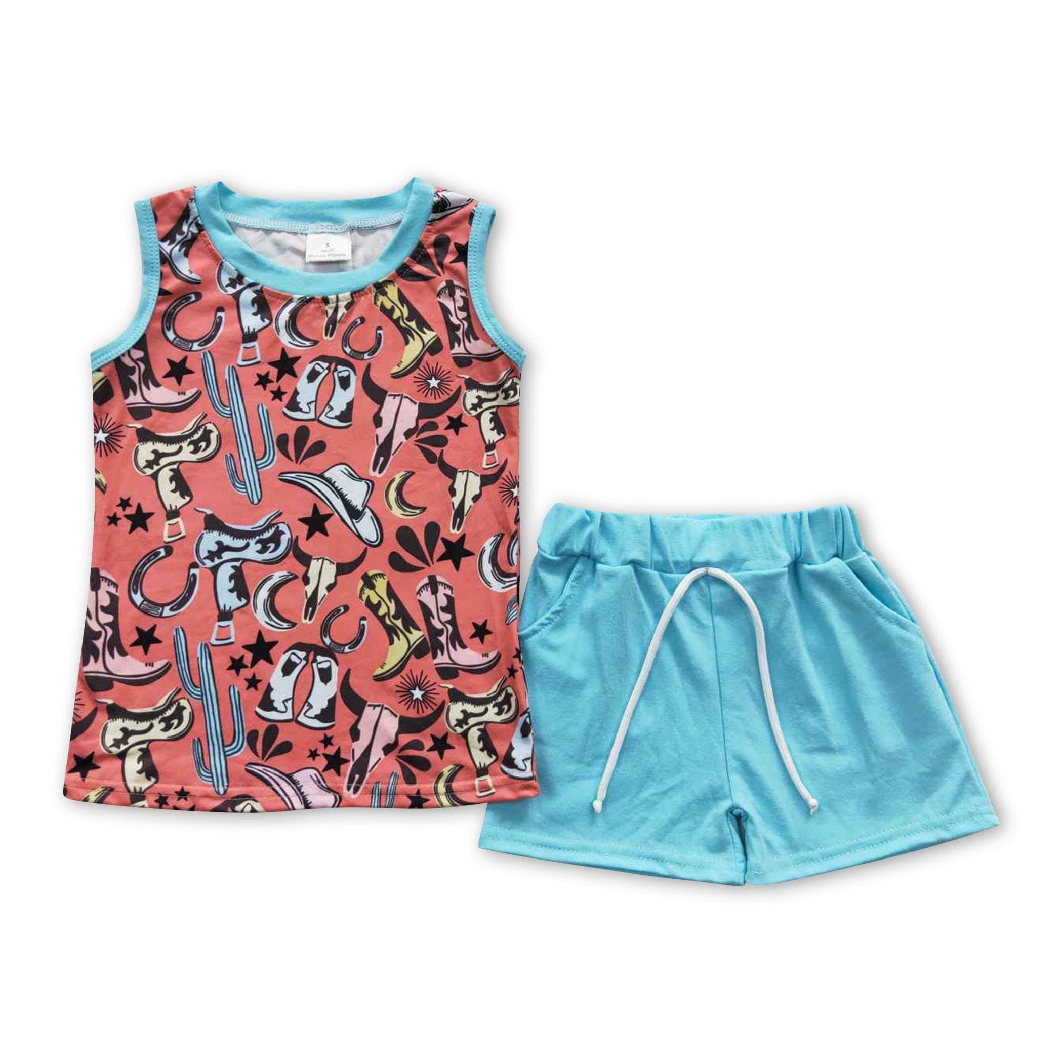 Sleeveless bull skull shirt turquoise shorts boy outfits – Yawoo Garments