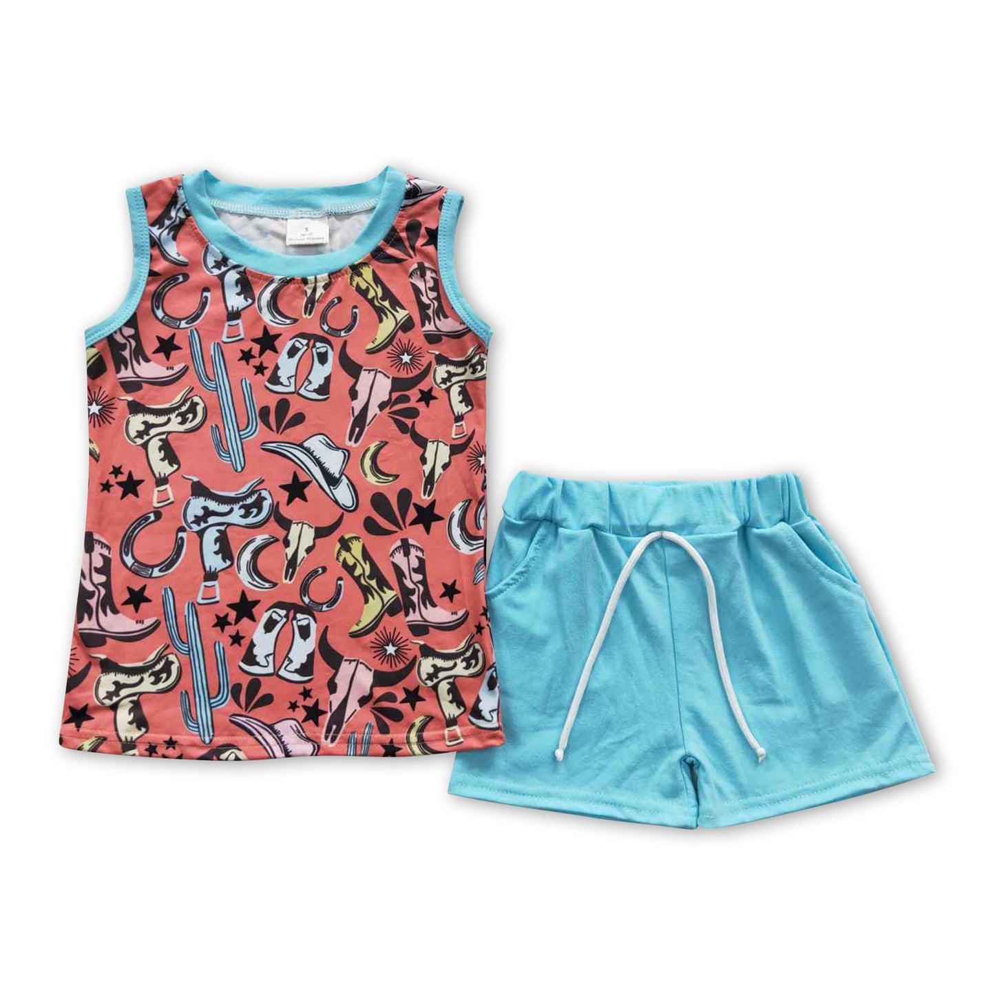 Sleeveless bull skull shirt turquoise shorts boy outfits