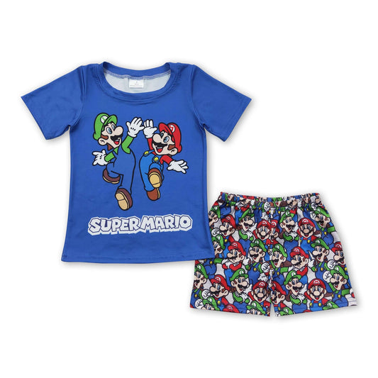 Blue short sleeves shirt shorts super game kids boy clothes