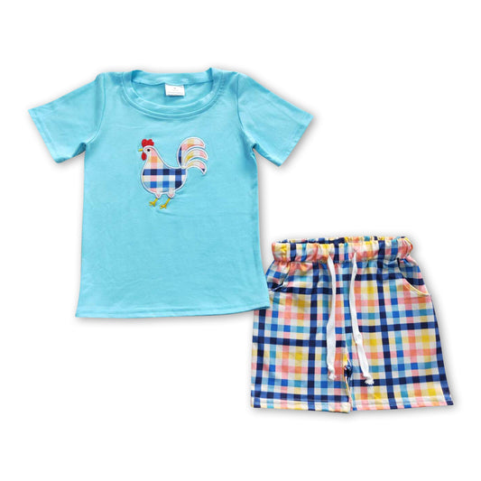 Chicken shirt plaid shorts kids boy clothing set