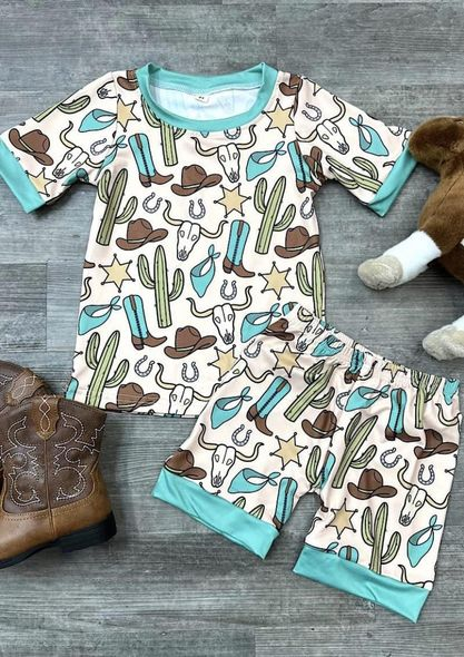 Bull skull boots cactus kids boy summer pajamas