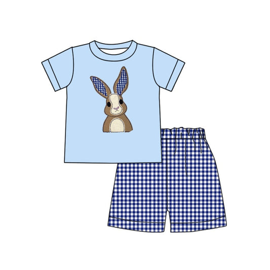 Rabbit short sleeves top blue plaid shorts boys easter clothes