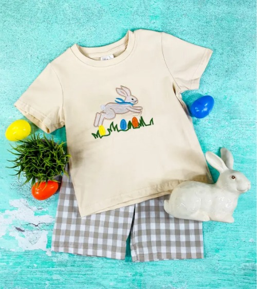 Rabbit eggs short sleeves top plaid shorts boys easter outfits