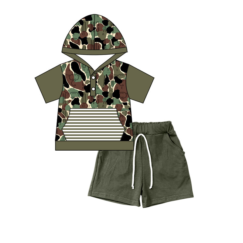 Camo olive short sleeves hoodie shorts boy summer outfits