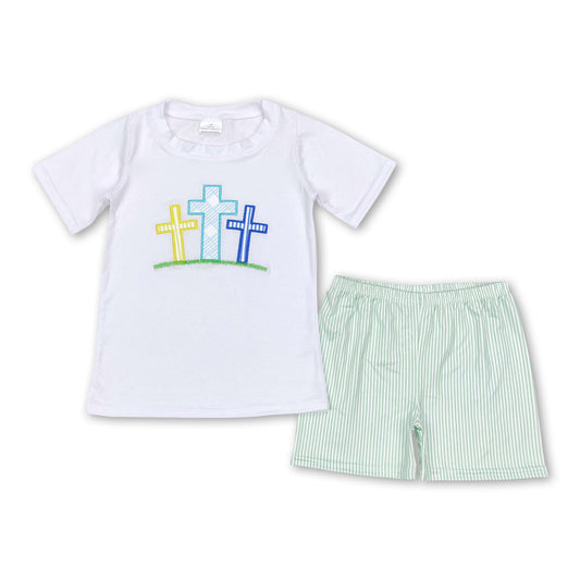 He is risen cross top green stripe shorts boy easter outfits