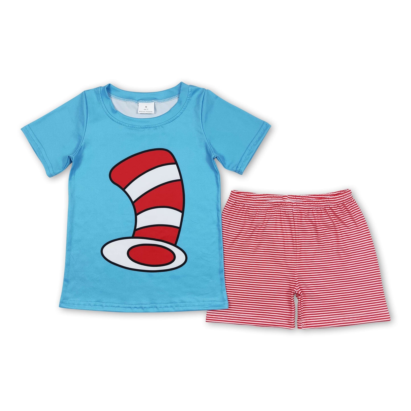 Blue cat hat shirt stripe shorts boy outfits