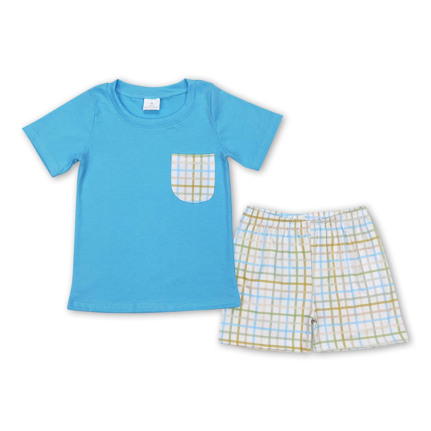 Short sleeves blue pocket top shorts kids boy clothes