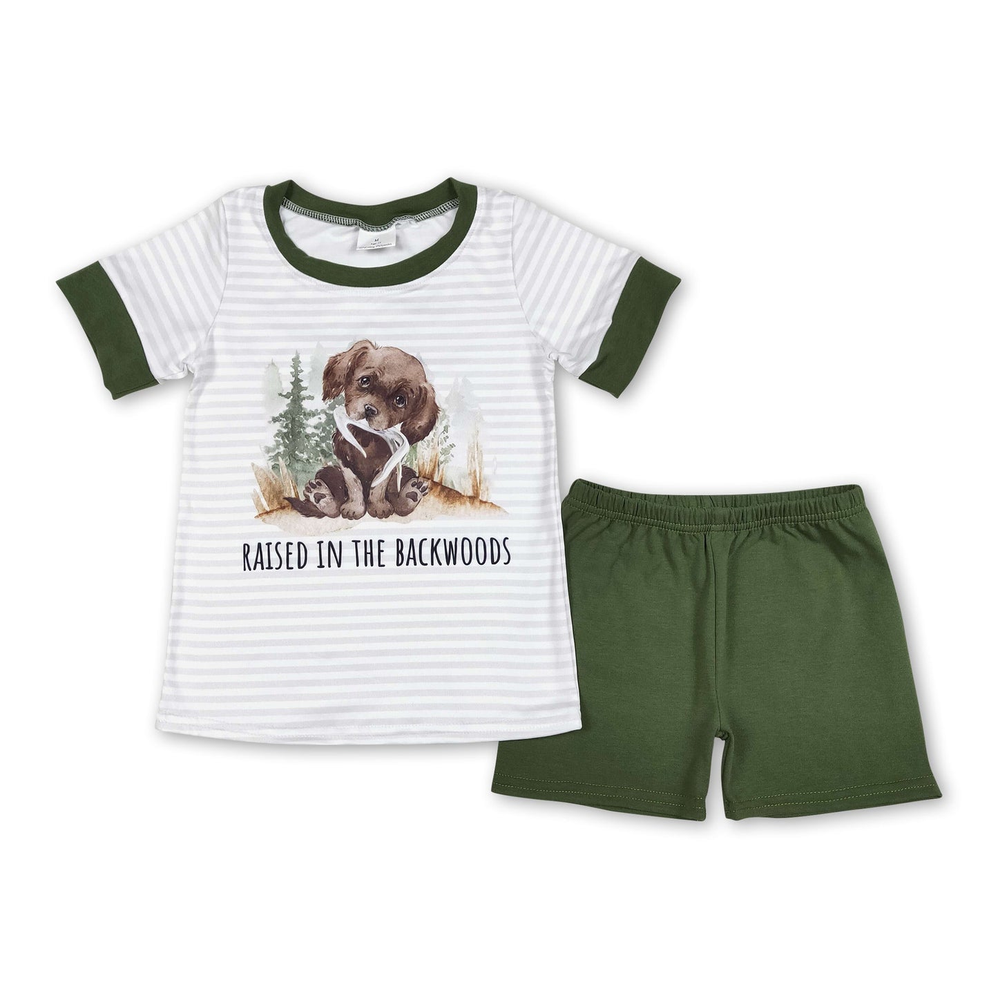 Grey stripe dog top olive shorts kids boys summer outfits