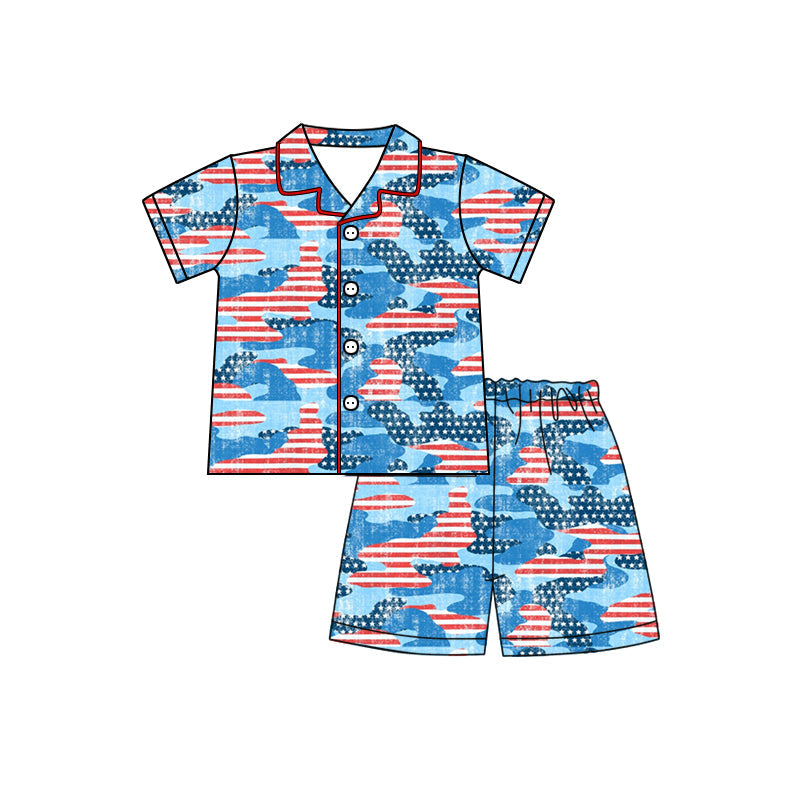 Stripe stars camo kids boys summer button down pajamas