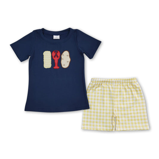 Corn crawfish navy top plaid shorts boys summer clothes