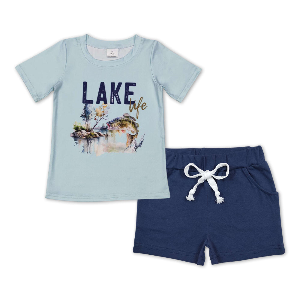 Lake life fish top navy shorts boys summer clothes