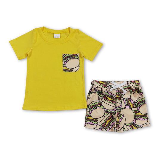 Yellow pocket top hamburger shorts boys summer clothes
