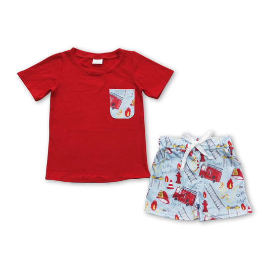 Red fire truck pocket top shorts boys summer outfits