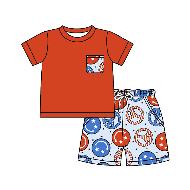 Red pocket top smile shorts boys 4th of july clothes